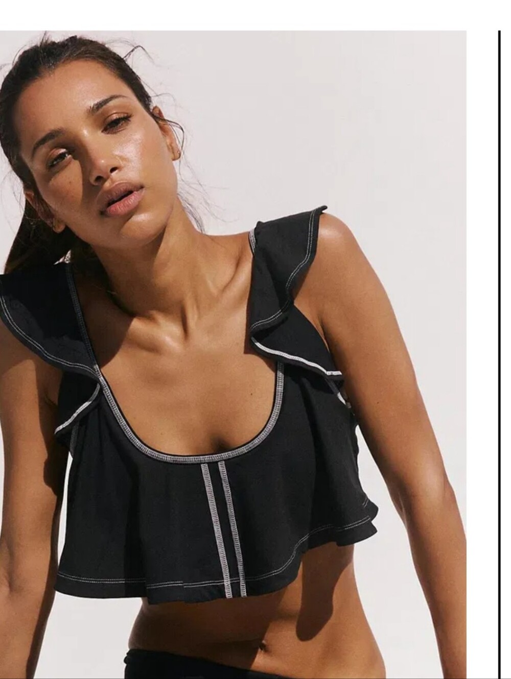 Ruffled Black Crop Tank Top with Contrast Stitching